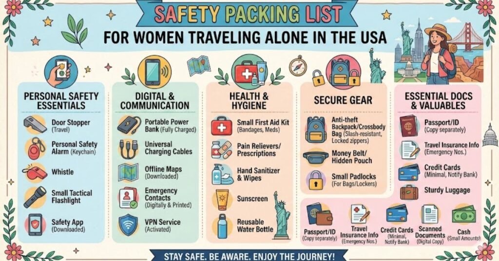 Safety Packing List for Women Traveling Alone in the USA